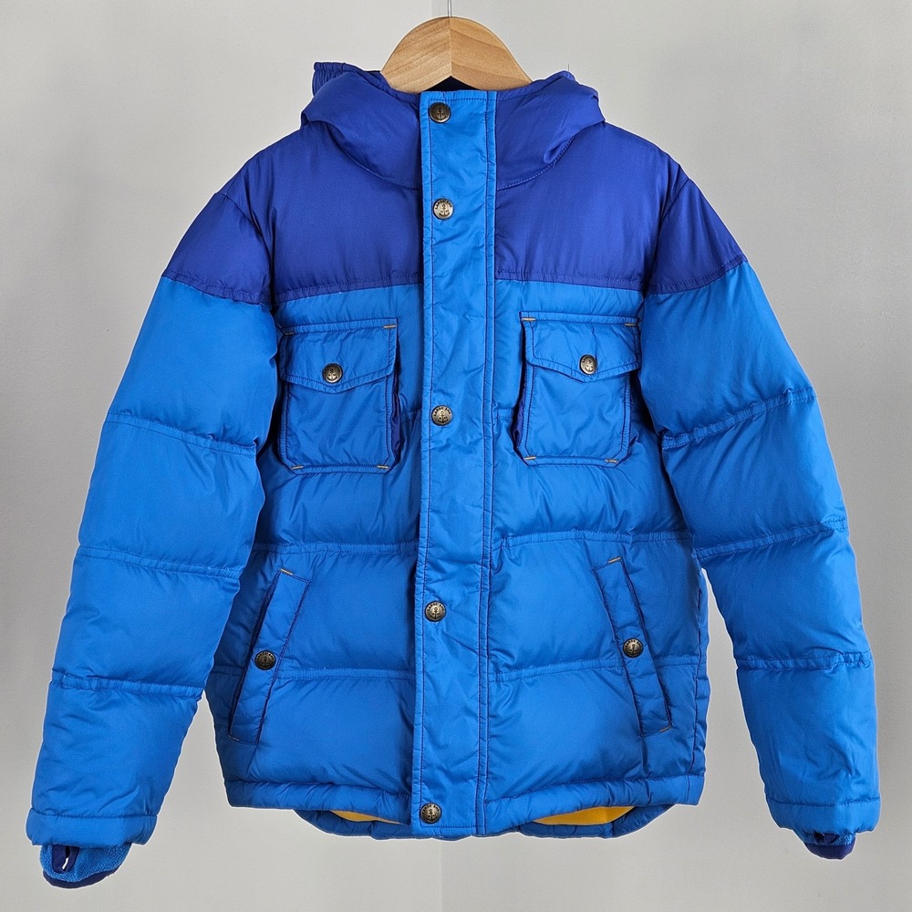 Lands End Kids Down Filled Hooded Puffer Jacket Small 8 Blue Yellow Color Block